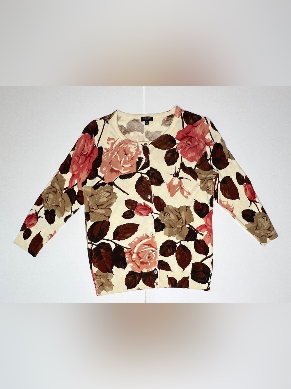 Talbots Petites Silk Cotton Floral Rose Cardigan‎ Cream Pink Size S